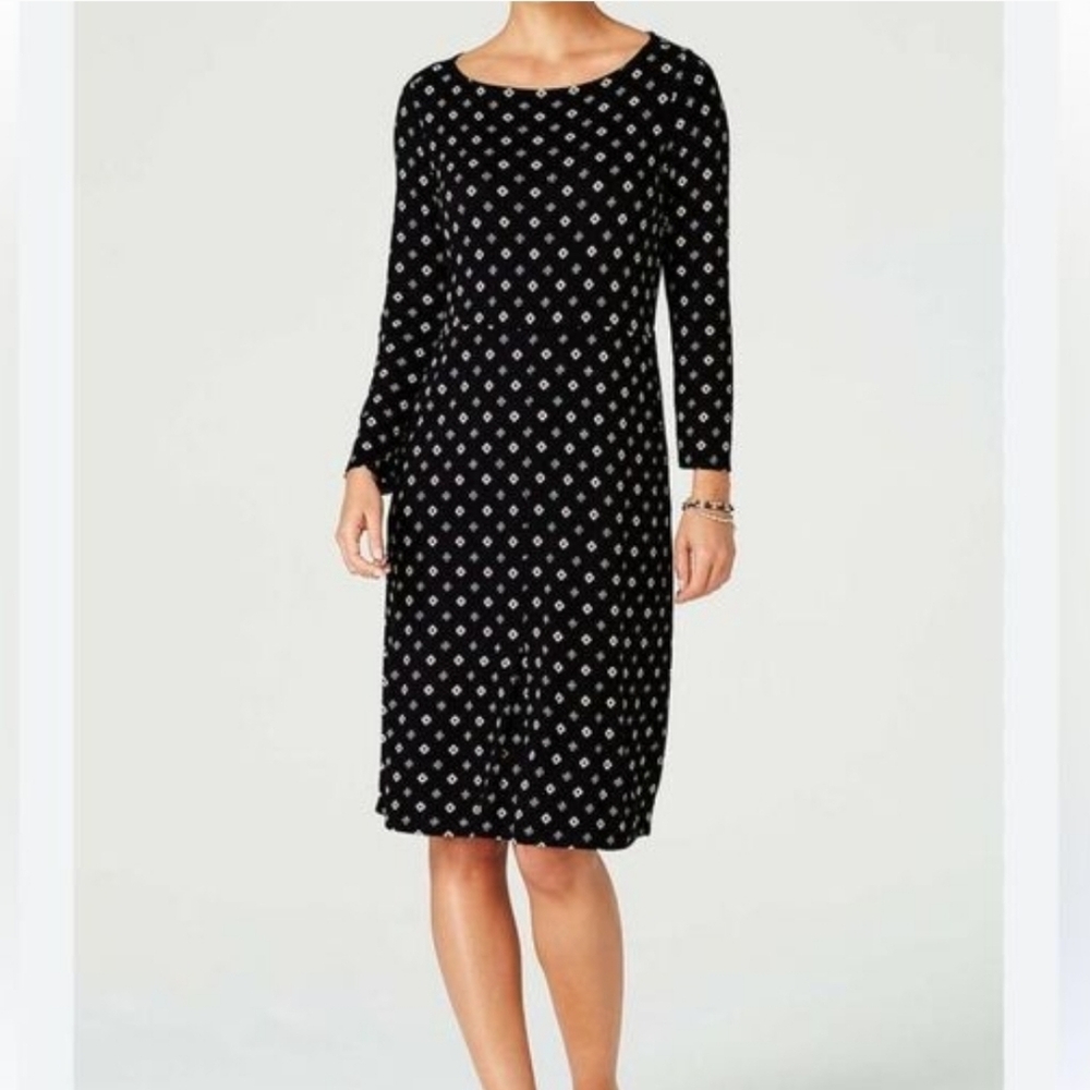 J. Jill Geometric Print Jersey Knit Shirt Dress Pockets Pleat Hem Size L Midi